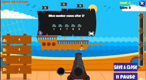 Pirate Math Attack fun math game to practice kindergarten math on LoonyLearn