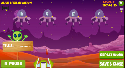 Alien Spell Invasion fun spelling game to practice kindergarten spelling words on LoonyLearn