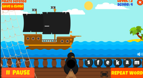 Pirate Defense fun spelling game to practice kindergarten spelling words on LoonyLearn